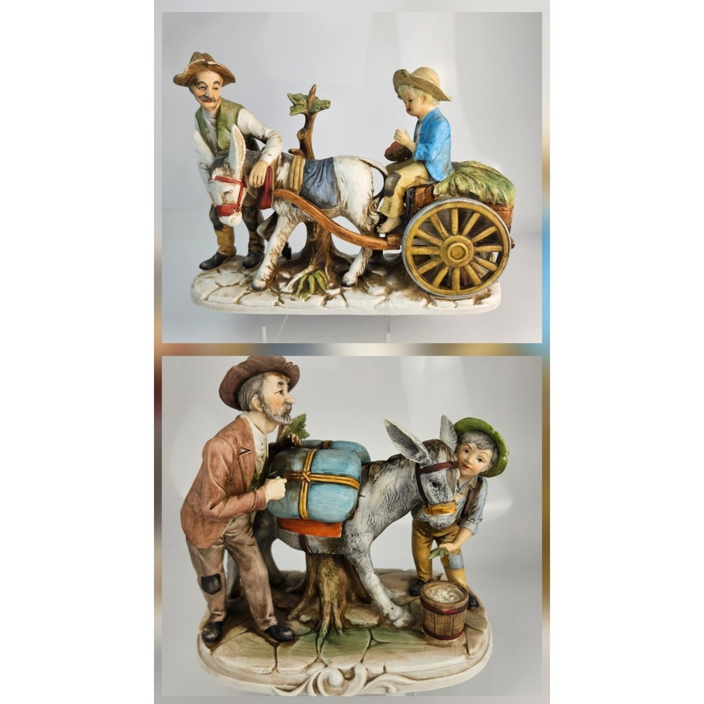 Vintage Set of 2 Donkey Cart Figurines Man‎ Boy Far Donkey Scene Rustic See Desc